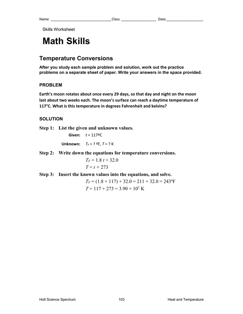 Math Skills Temperature Throughout Temperature Conversion Worksheet Answer Key