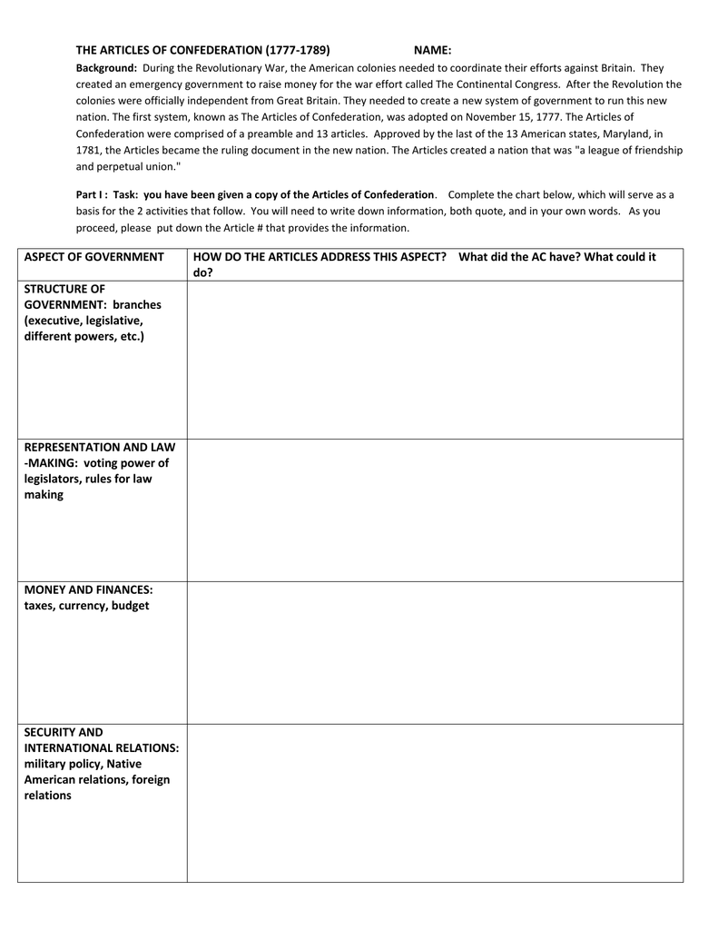 THE ARTICLES OF CONFEDERATION assignment Pertaining To Articles Of Confederation Worksheet Answers