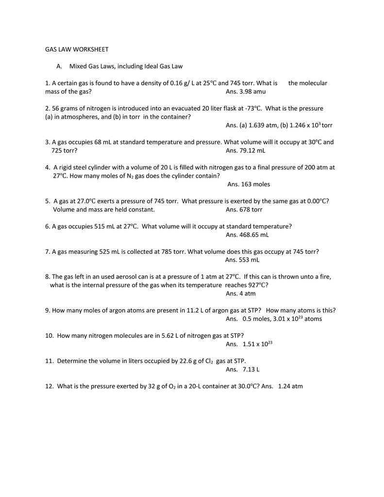 Mixed Gas Laws Worksheet With Answers Worksheets For Kindergarten