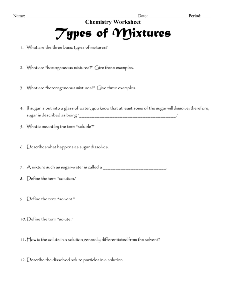 Chemistry Worksheet For Mixtures And Solutions Worksheet