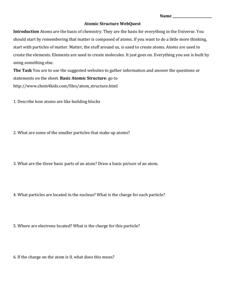 Name Atomic Structure WebQuest Introduction Atoms Are The Basis