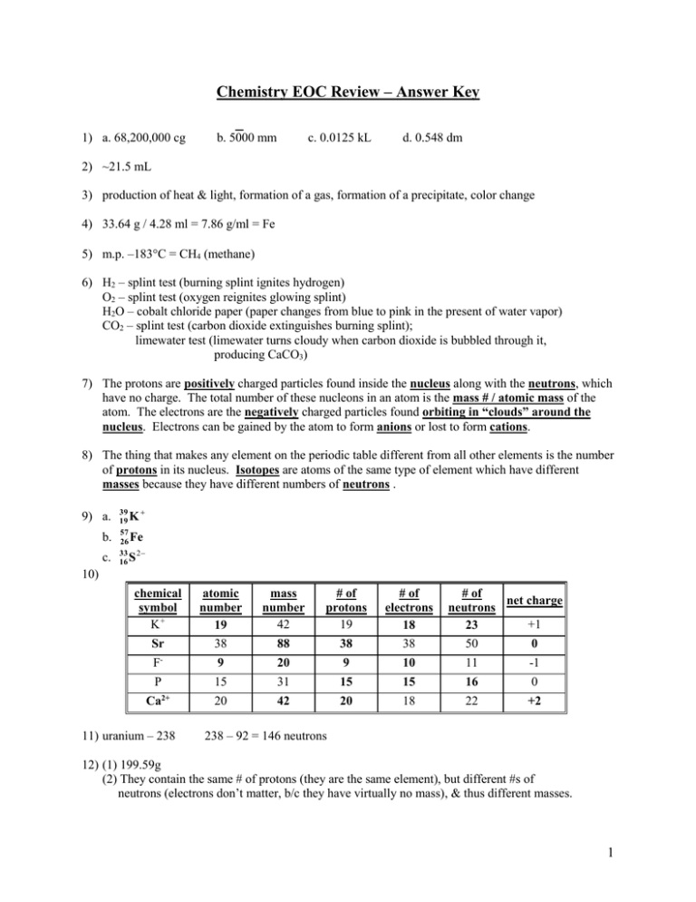 Chemistry EOC Review * Answer Key