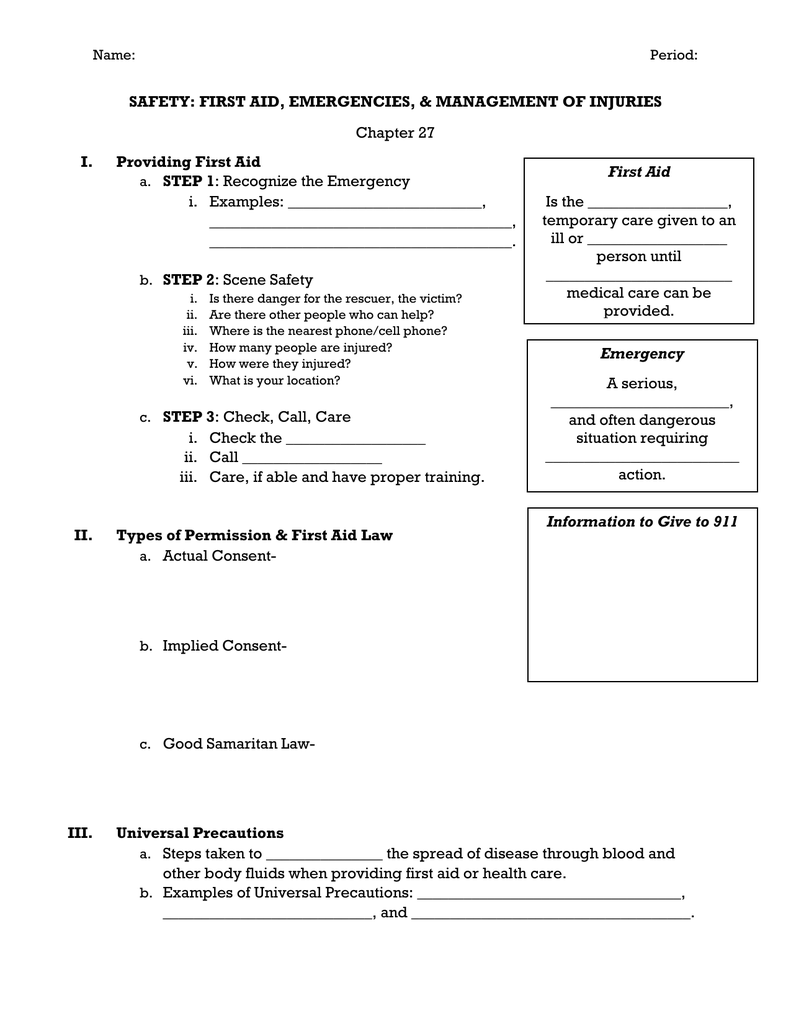 Name Period Safety First Aid Emergencies