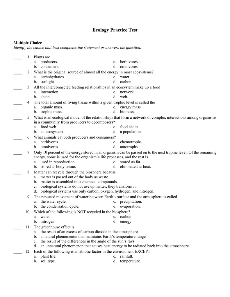 Ecology Practice Test