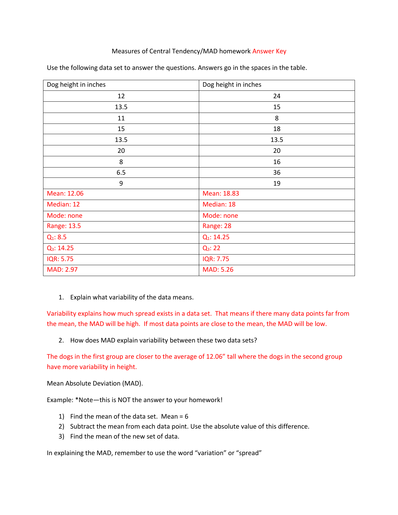 Measures Of Central Tendency Answer Key