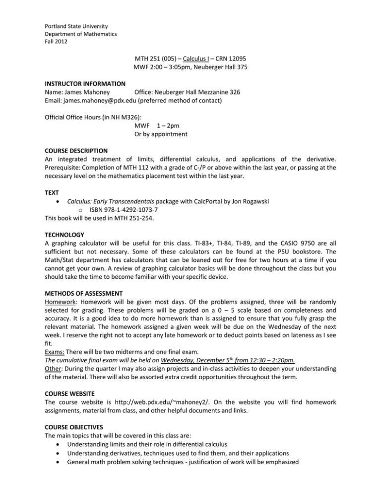 Calculus I Syllabus Portland State University Fall 2012 Calculus I Syllabus Portland State University Fall 2012