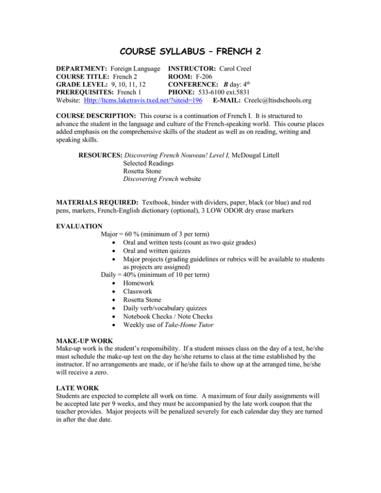 COURSE SYLLABUS FRENCH 2