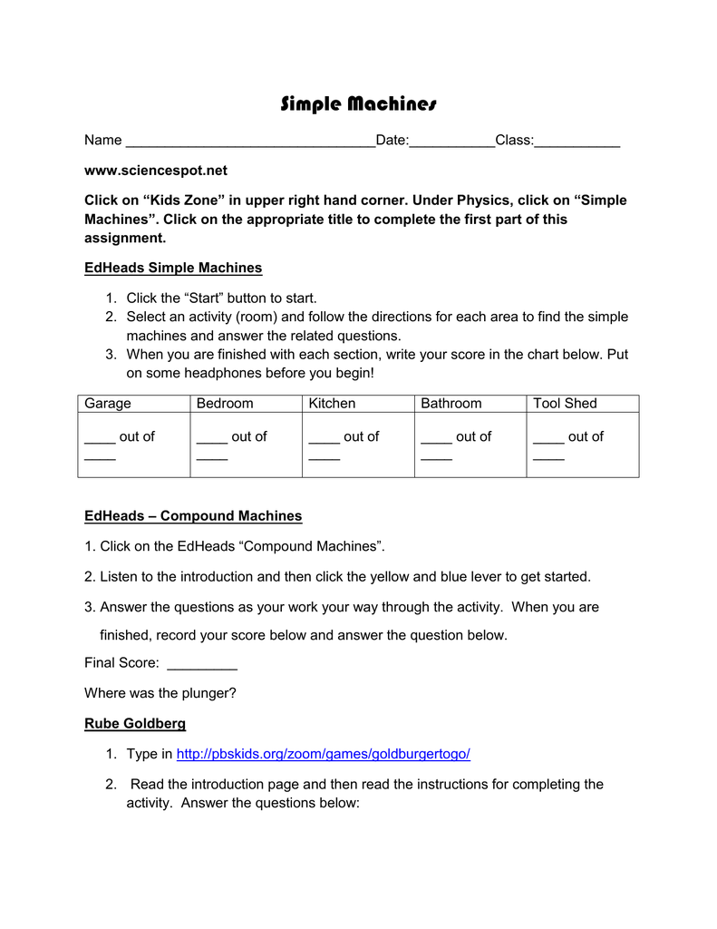 Simple Machines Worksheet Answers