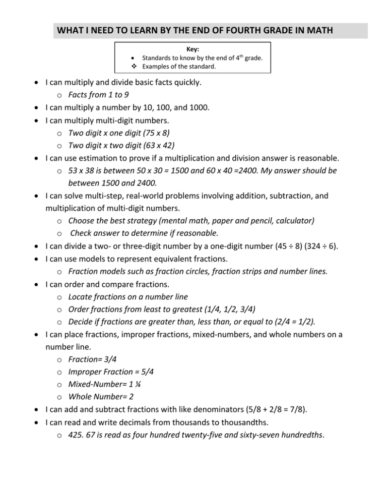 4th Grade Math Standards