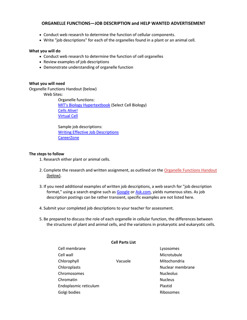 Organelle Functions Job Description And Help