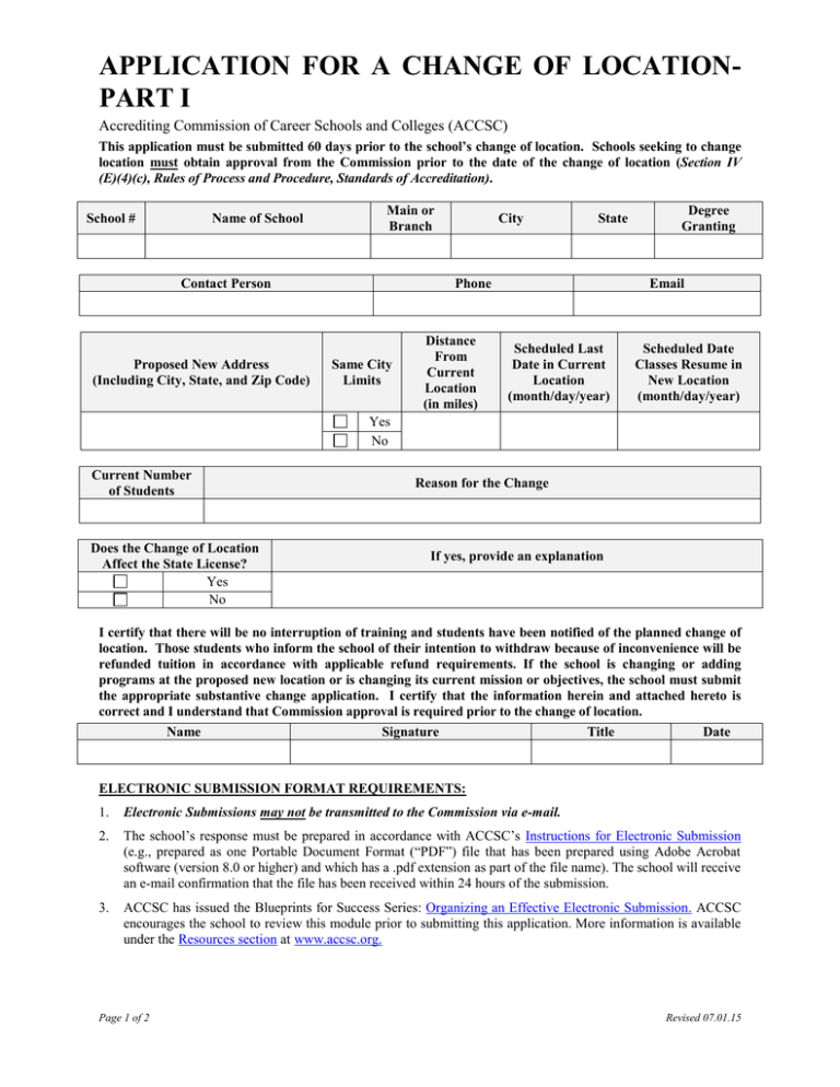 Application For A Change Of Location Part I