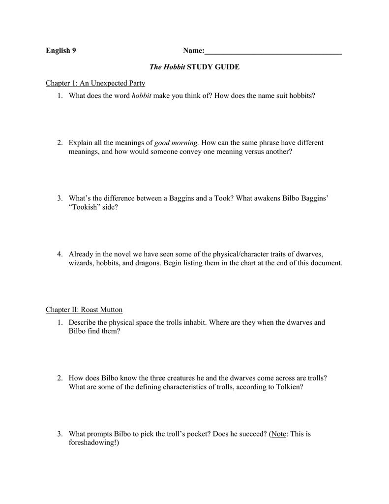 English 9 Name The Hobbit Study Guide Chapter 1 An