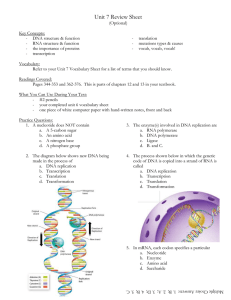 Unit 7 Review Sheet (Optional) Key Concepts: DNA structure