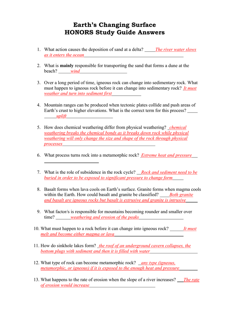 Earth s Changing Surface Study Guide Answers