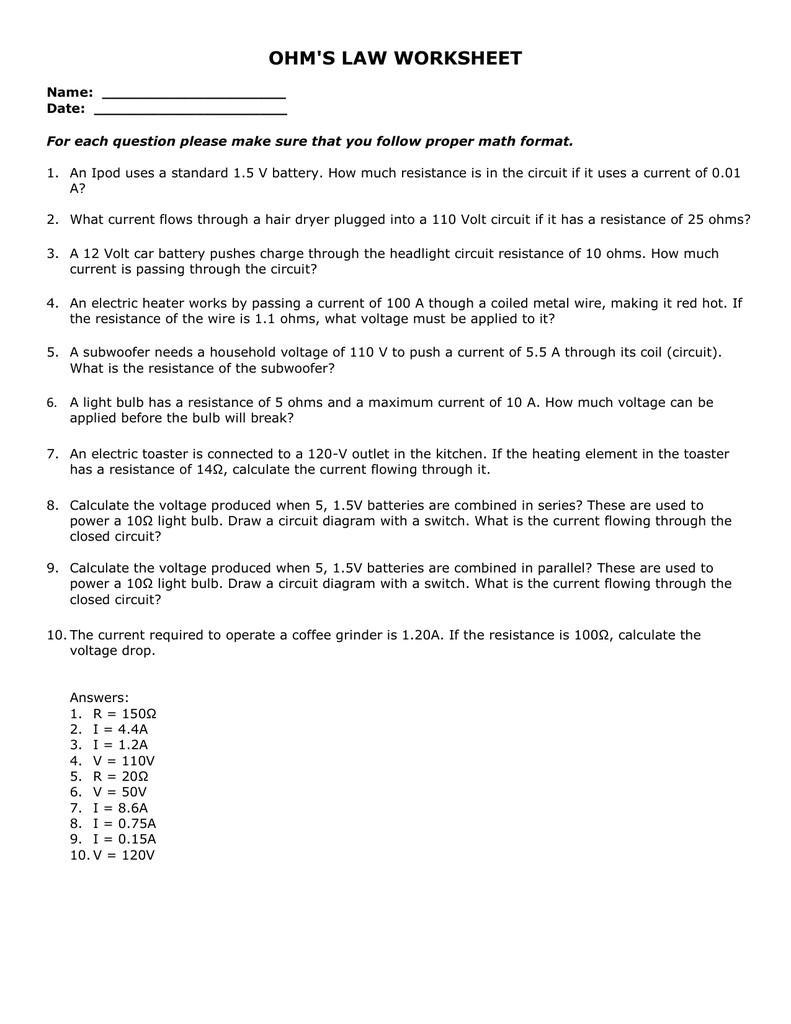 Ohm's Law Worksheet 1