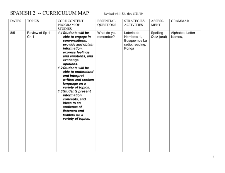 SPANISH 2 -- CURRICULUM MAP Revised wk 1