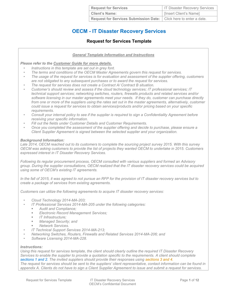 Request for Service to the supplier of your choice Throughout disaster recovery service level agreement template