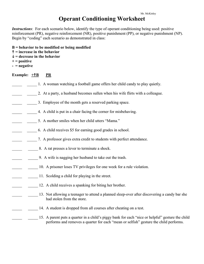 Operant Conditioning Worksheet With Answers