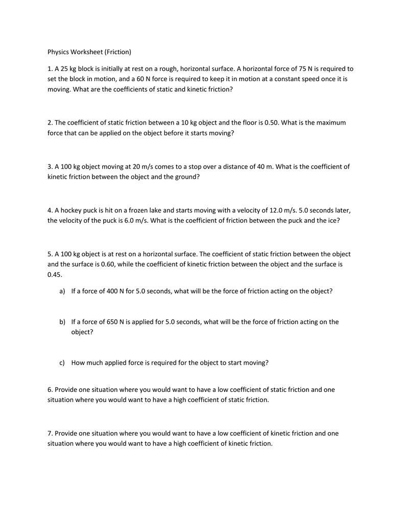 Friction Worksheet