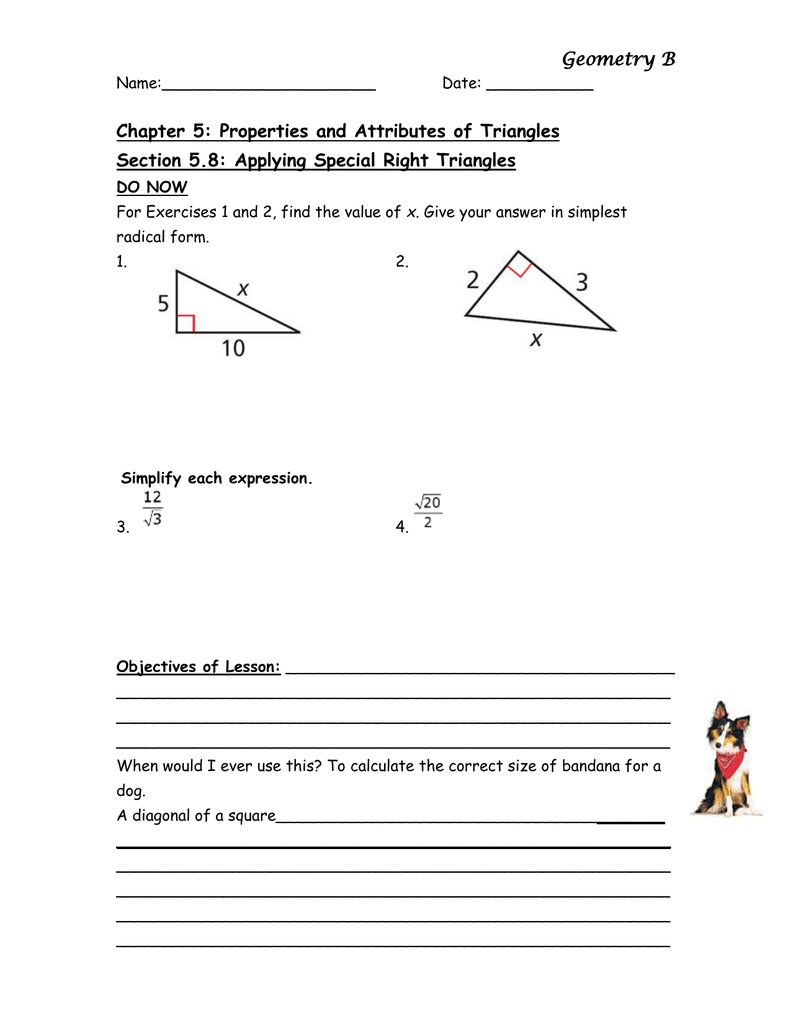 Geo 21.21 Applying Special Right Triangles Student Notes With Regard To 5 8 Special Right Triangles Worksheet%