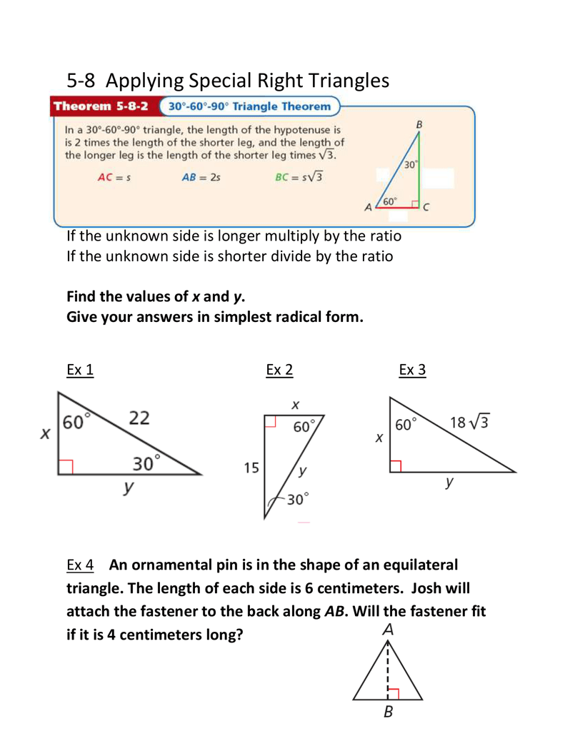 20-20 Notes For 5 8 Special Right Triangles Worksheet%