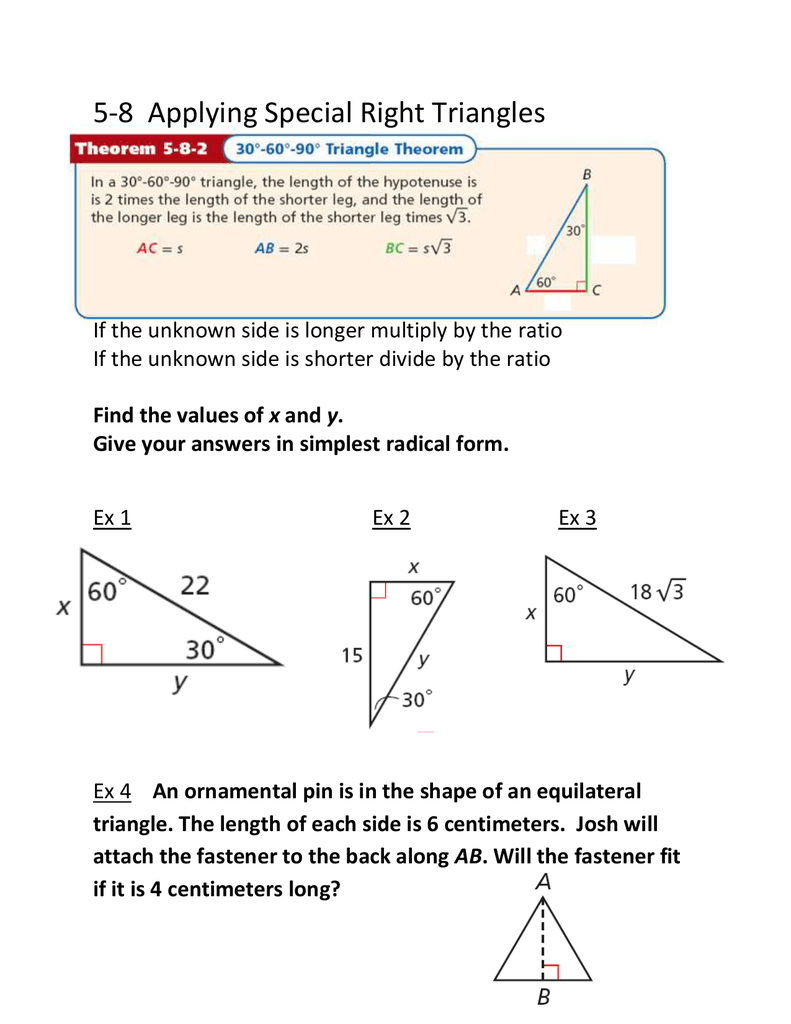 21-21 Notes Pertaining To 5 8 Special Right Triangles Worksheet%