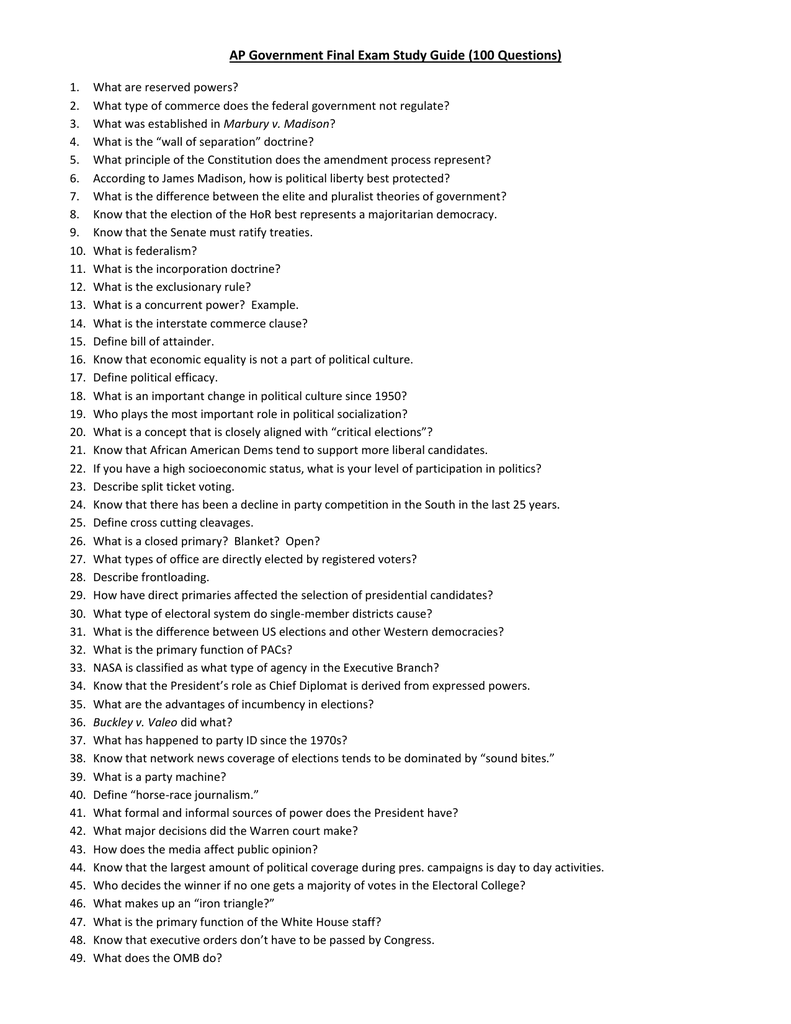 AP Government Final Exam Study Guide 100 Questions What Are AP Government Final Exam Study Guide 100 Questions What Are