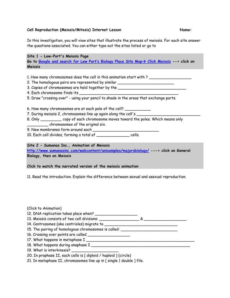 Cell Reproduction Meiosis Mitosis Inter Lesson Name