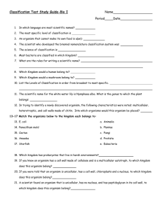 Classification Test Study Guide-Bio I Name Period Date In which