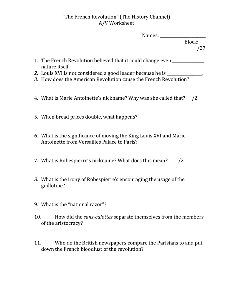 Causes Of The French Revolution Worksheet