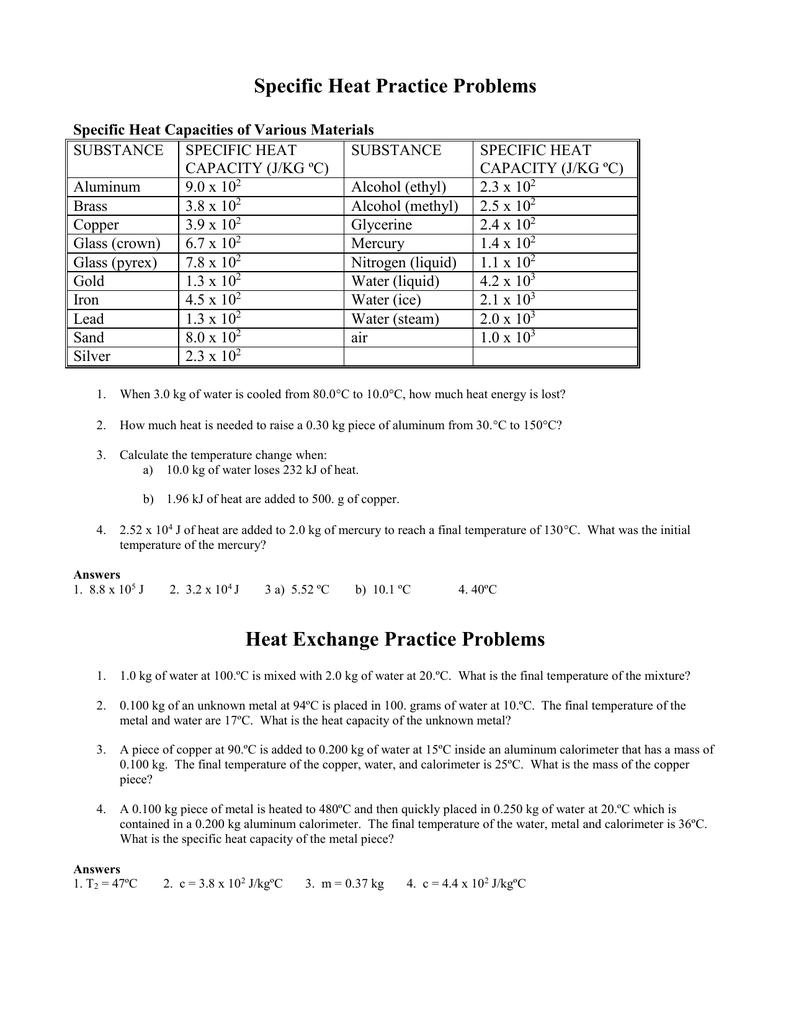 Worksheet Specific Heat Heat Transfer Latent Heat