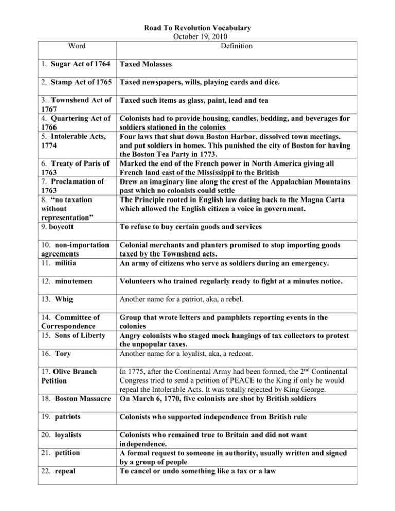 Road To Revolution Vocabulary October 19 2010 Word Definition 1