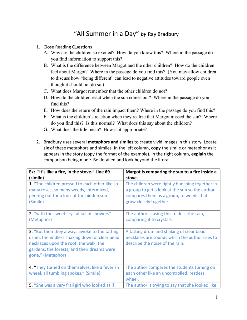 All Summer In A Day By Ray Bradbury Close Reading Questions