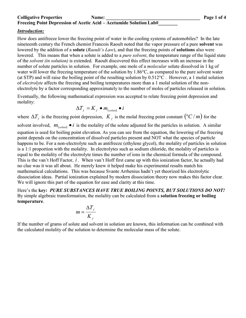 Freezing Point Depression of Acetic Acid