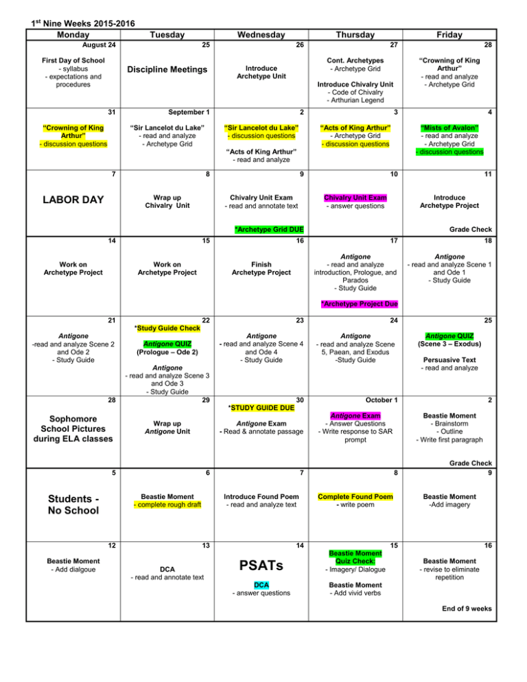 1st 9 Weeks At A Glance