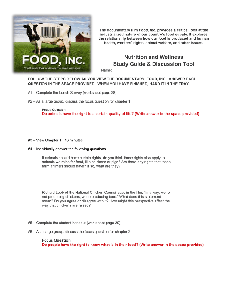 Nutrition and Wellness Study Guide & Discussion Tool Regarding Food Inc Worksheet Answers