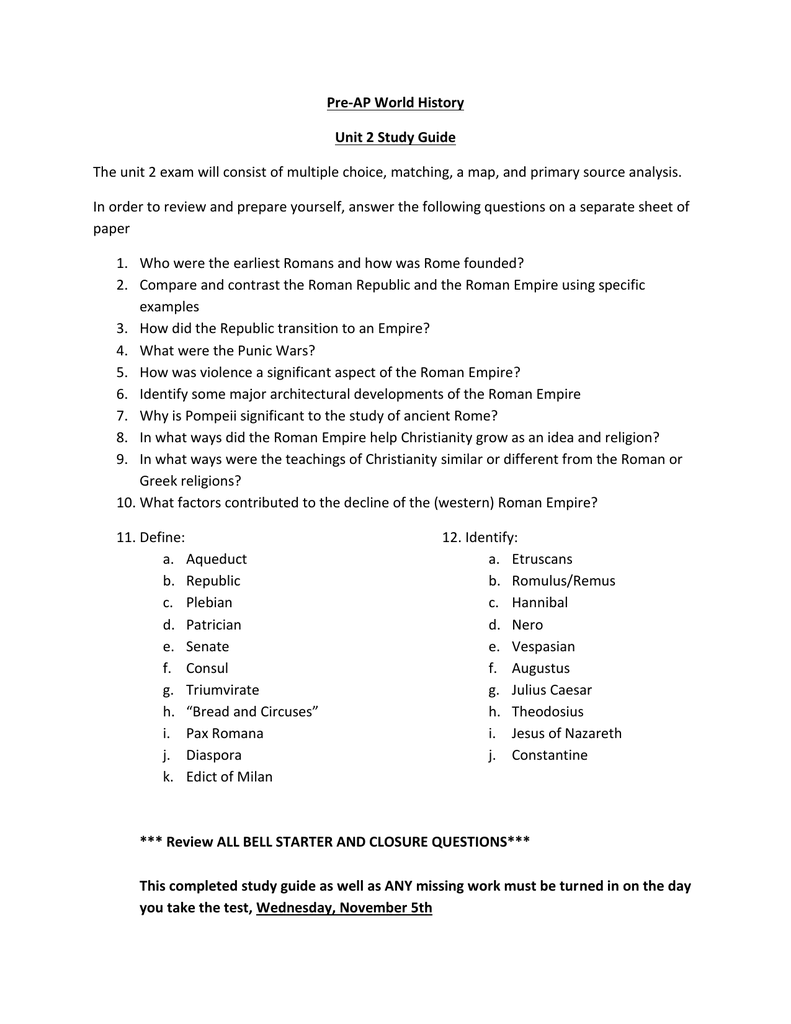 Pre AP World History Unit 2 Study Guide The Unit 2 Exam Will Pre AP World History Unit 2 Study Guide The Unit 2 Exam Will