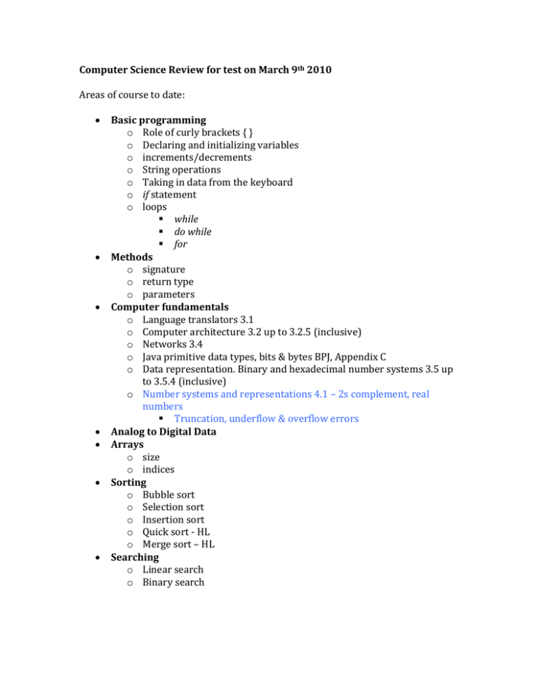Computer Science Review For Test On March 9th