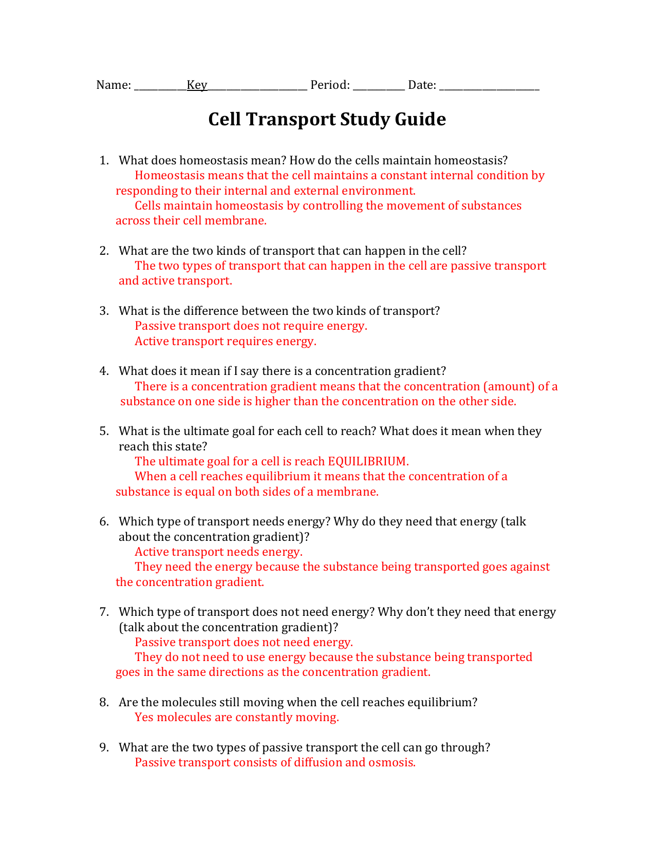 Cell Transport Study Guide Answers