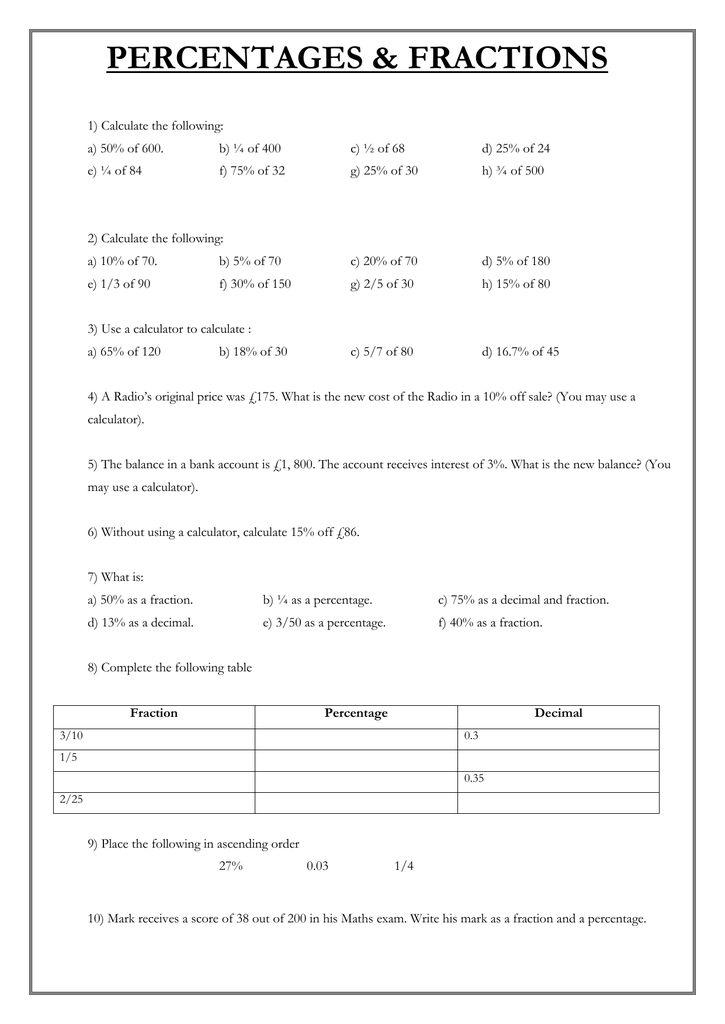 Percentages Fractions