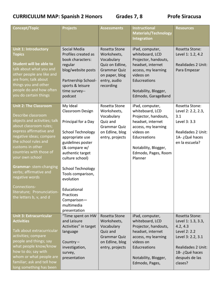 CURRICULUM MAP: Spanish 2 Honors Grades 7, 8