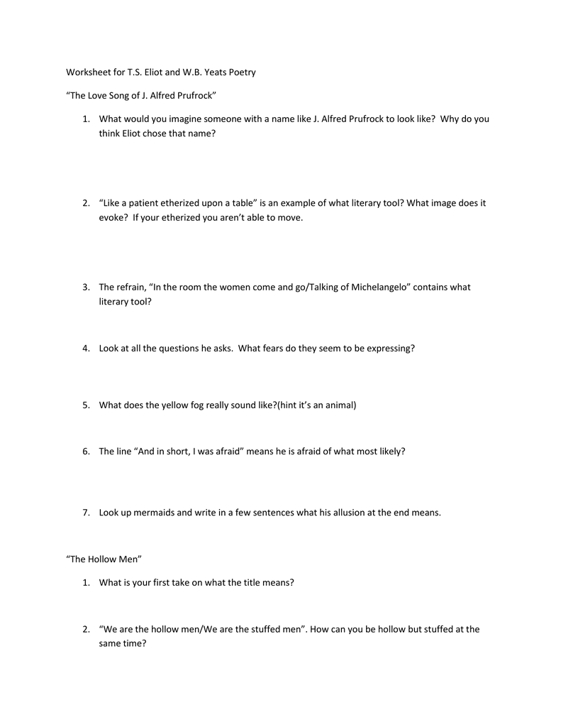 Worksheet for T.S. Eliot and W.B. Yeats Poetry “The Love Song of J Throughout Prufrock Analysis Worksheet Answers