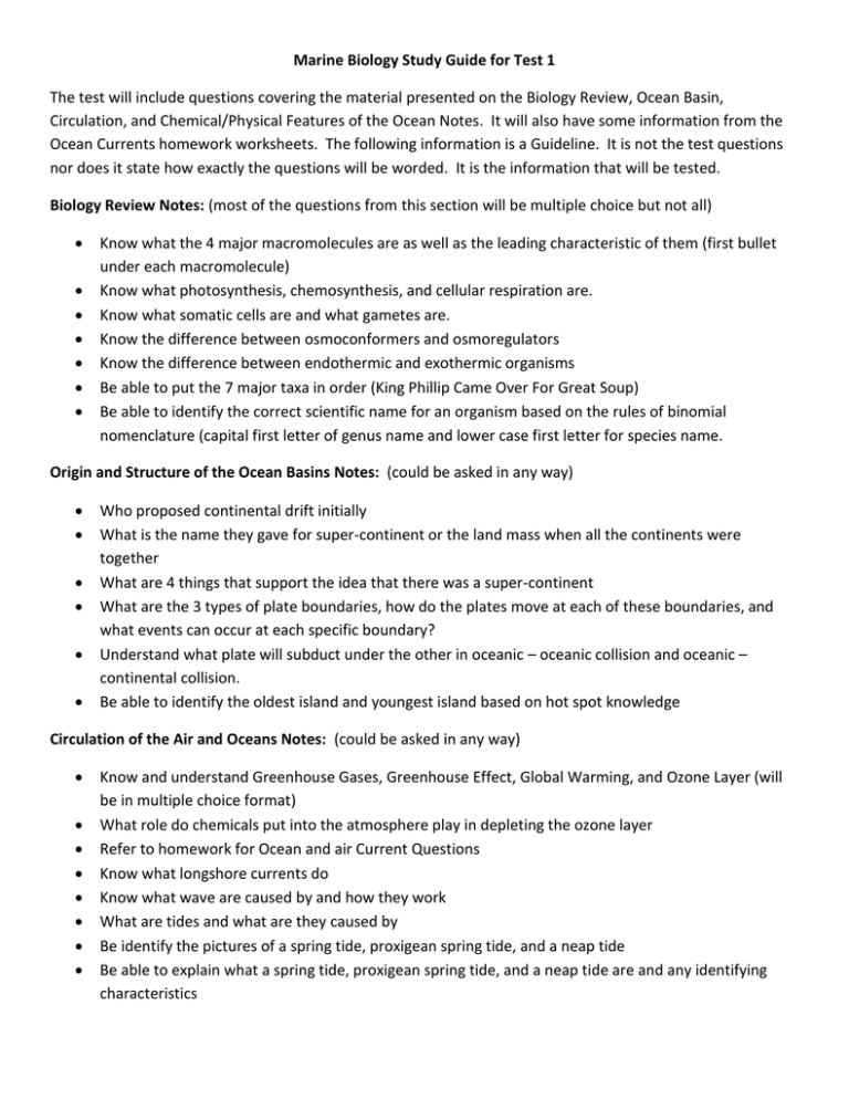 Marine Biology Study Guide For Test 1 GMCbiology