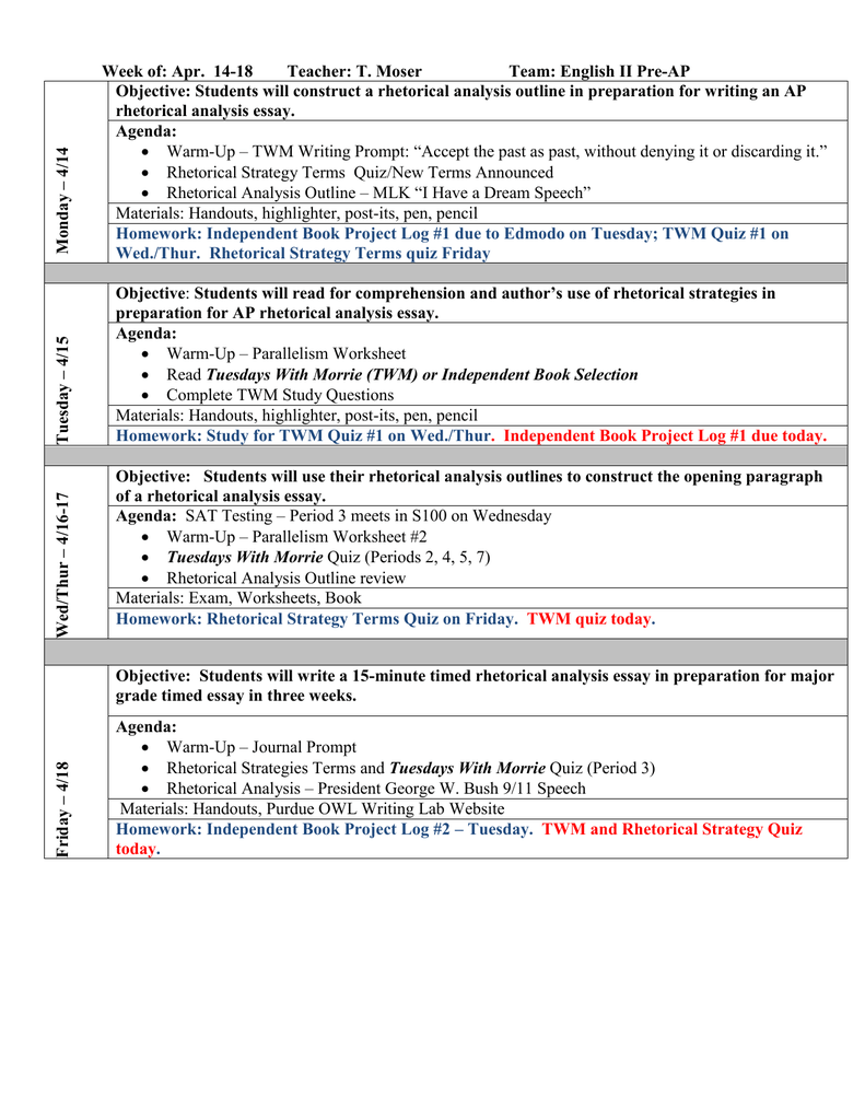 Week of: Apr. 25-25 Teacher: T. Moser Team: English II Pre With Regard To Rhetorical Analysis Outline Worksheet