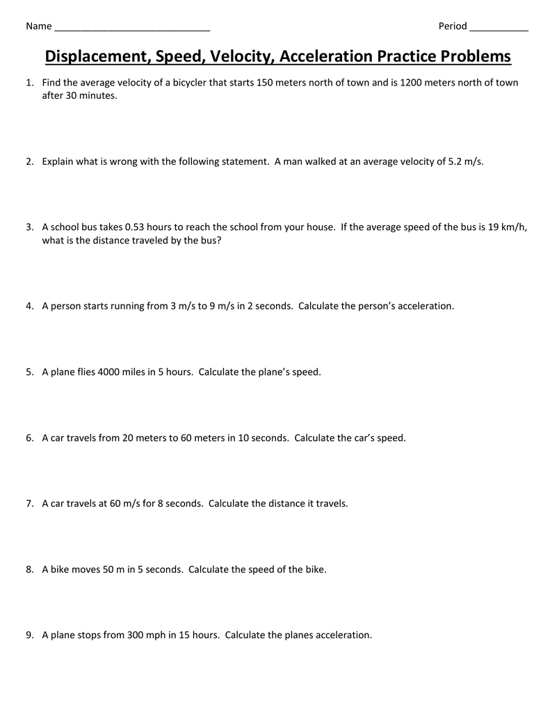 Distance Displacement Speed Velocity And Acceleration Problems