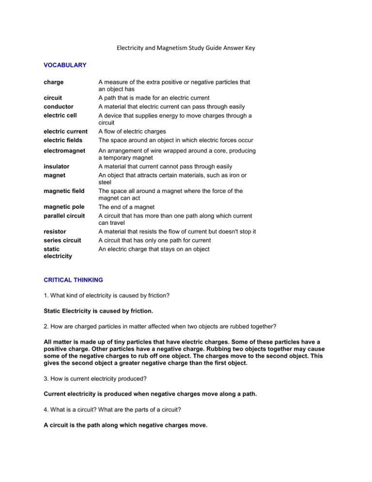 Electricity Magnetism Study Guide Answer Key Electricity Magnetism Study Guide Answer Key