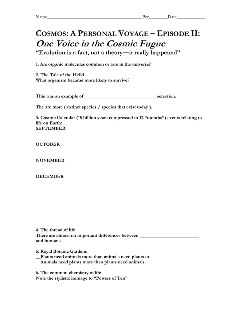 Word document Inside Cosmos Episode 1 Worksheet Answers