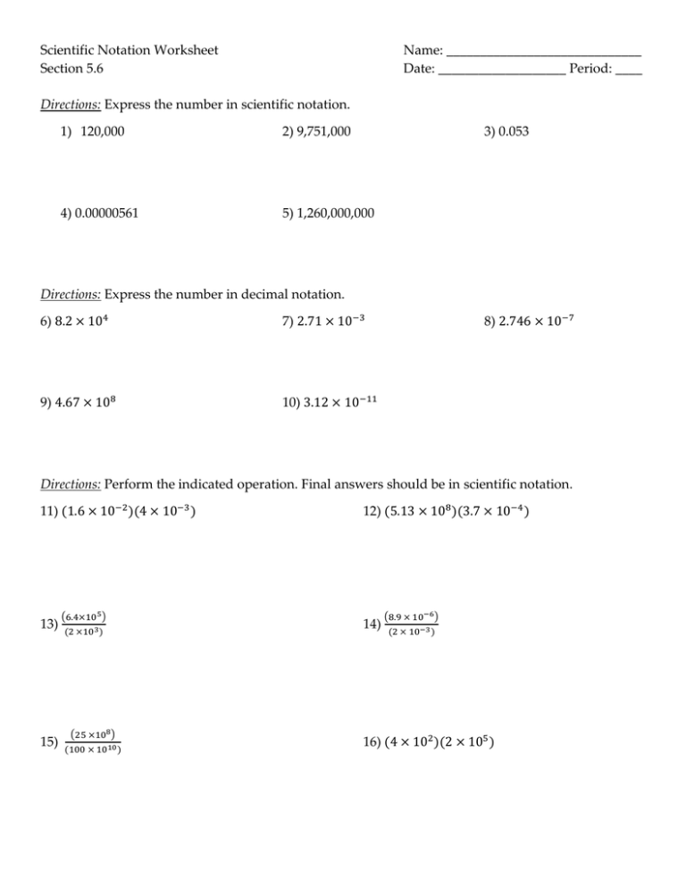 Scientific Notation Worksheet