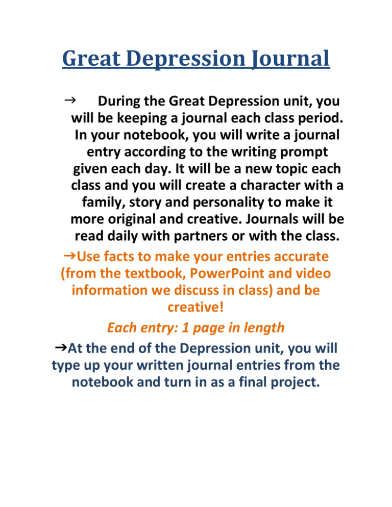 great depression journal entry essays