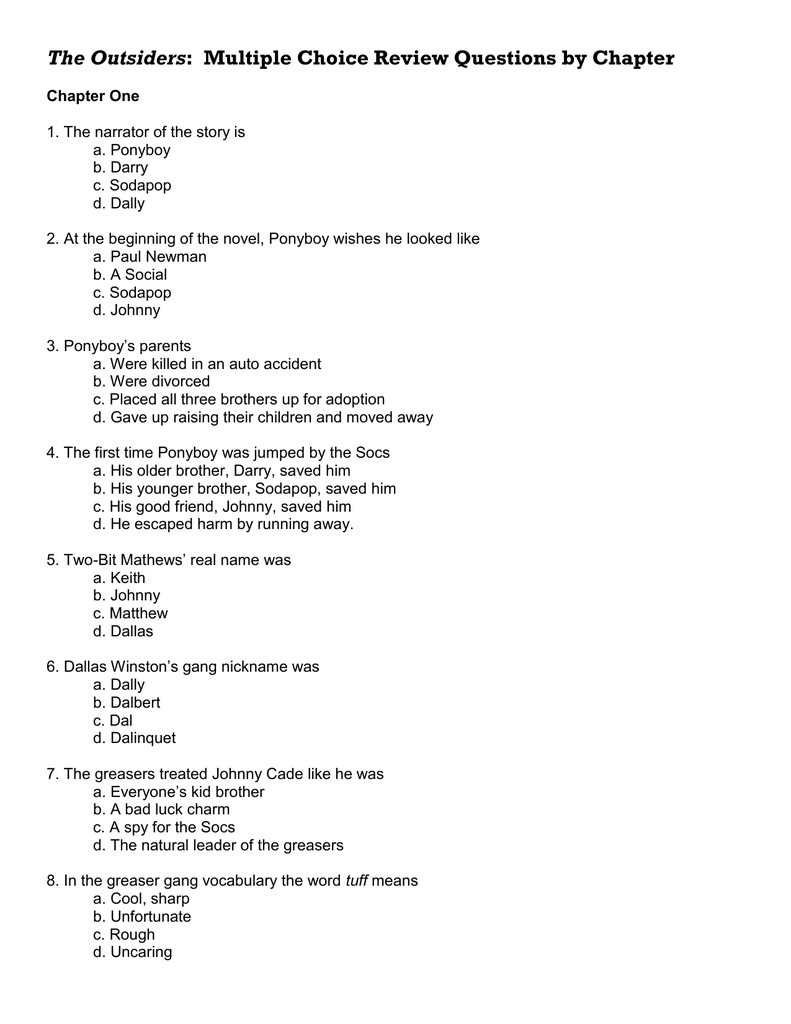 The Outsiders Multiple Choice Review Questions By Chapter